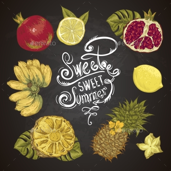 GraphicRiver Vintage Set Of Tropical Fruit On The Chalkboard 11498434 GraphicRiver Vintage Set Of Tropical Fruit On The Chalkboard 11498434