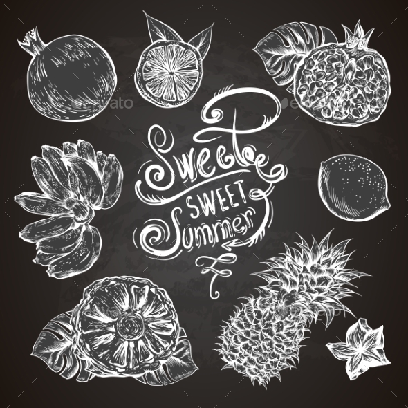 GraphicRiver Vintage Set Of Tropical Fruit On The Chalkboard 11498437 GraphicRiver Vintage Set Of Tropical Fruit On The Chalkboard 11498437