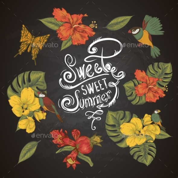GraphicRiver Vintage Collection Of Tropical Flowers Butterfly 11498439 GraphicRiver Vintage Collection Of Tropical Flowers Butterfly 11498439