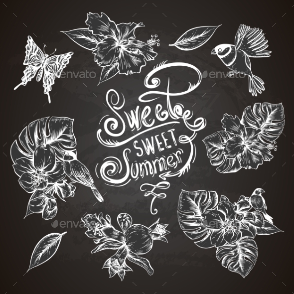 GraphicRiver Vintage Collection Of Tropical Flowers Butterfly 11498445 GraphicRiver Vintage Collection Of Tropical Flowers Butterfly 11498445