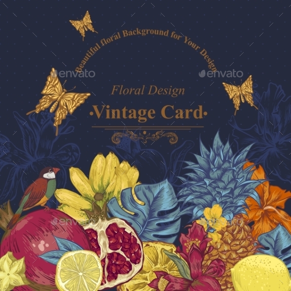 GraphicRiver Vintage Greeting Card Tropical Fruit Flowers 11498459 GraphicRiver Vintage Greeting Card Tropical Fruit Flowers 11498459