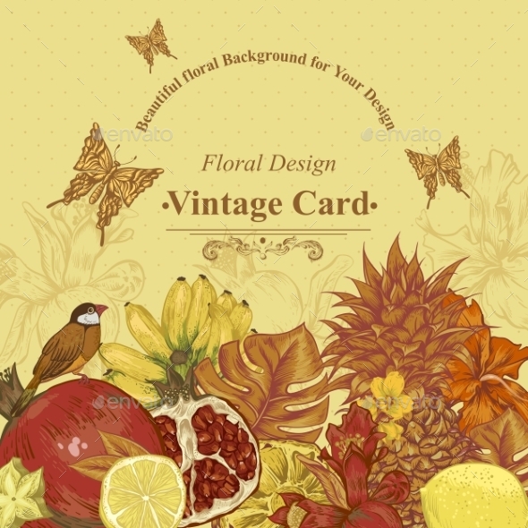 GraphicRiver Vintage Greeting Card Tropical Fruit Flowers 11498466 GraphicRiver Vintage Greeting Card Tropical Fruit Flowers 11498466