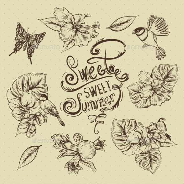 GraphicRiver Vintage Monochrome Collection Of Tropical Flowers 11498472 GraphicRiver Vintage Monochrome Collection Of Tropical Flowers 11498472