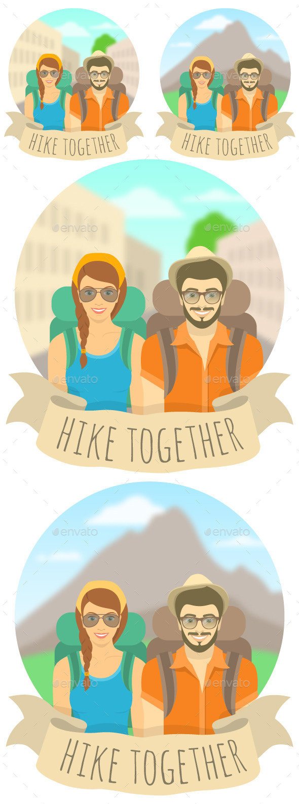 GraphicRiver Young Couple Man and Woman Tourists with Backpacks 11502710 GraphicRiver Young Couple Man and Woman Tourists with Backpacks 11502710