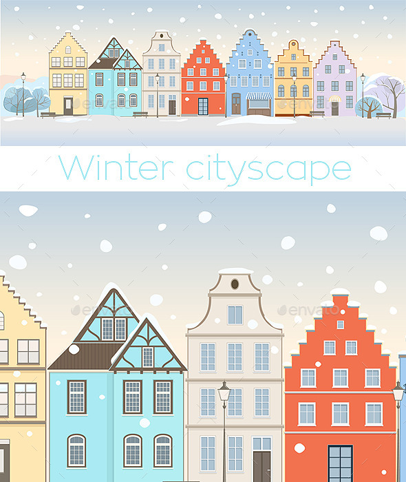 GraphicRiver Winter Cityscape with Retro Houses 11539020 GraphicRiver Winter Cityscape with Retro Houses 11539020