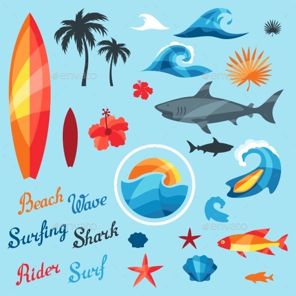 GraphicRiver Set Of Surfing Design Elements And Objects 11561814 GraphicRiver Set Of Surfing Design Elements And Objects 11561814