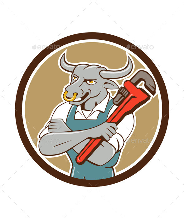 GraphicRiver Bull Plumber Wrench Standing Circle Cartoon 11562154 GraphicRiver Bull Plumber Wrench Standing Circle Cartoon 11562154