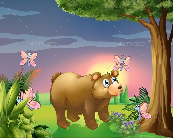 GraphicRiver Bear Under Tree with Four Butterflies 11573471 GraphicRiver Bear Under Tree with Four Butterflies 11573471