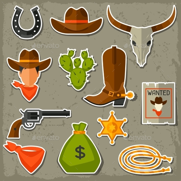 GraphicRiver Wild West Cowboy Objects and Stickers Set 11577146 GraphicRiver Wild West Cowboy Objects and Stickers Set 11577146