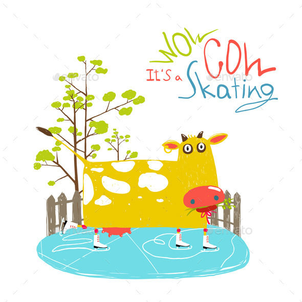 GraphicRiver Fun Cartoon Ice Skating Cow for Kids 11596185 GraphicRiver Fun Cartoon Ice Skating Cow for Kids 11596185