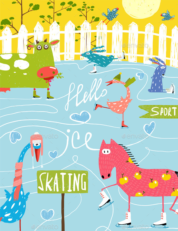 GraphicRiver Cartoon Farm Ice Skating Animals for Kids 11596187 GraphicRiver Cartoon Farm Ice Skating Animals for Kids 11596187