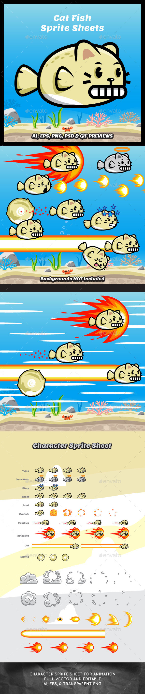 GraphicRiver Cat Fish Game Character Spritesheets 11623553 GraphicRiver Cat Fish Game Character Spritesheets 11623553