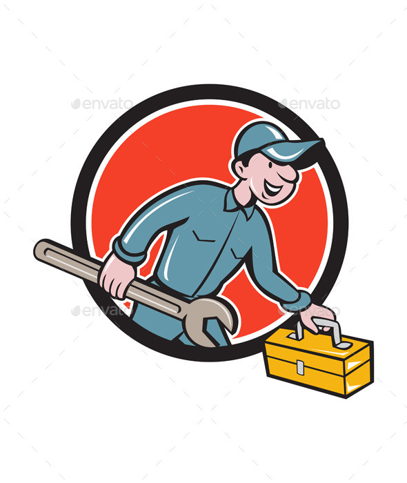 GraphicRiver Mechanic Carrying Toolbox Circle Cartoon 11631021 GraphicRiver Mechanic Carrying Toolbox Circle Cartoon 11631021