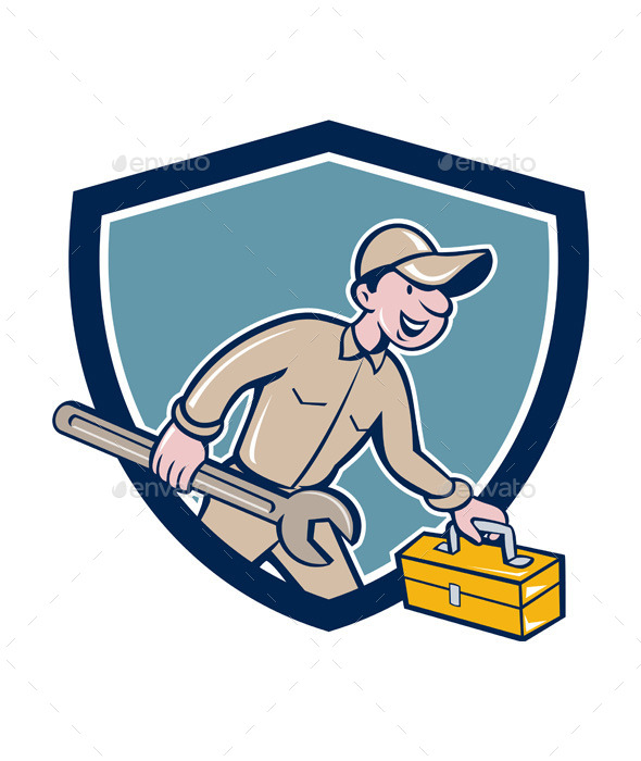 GraphicRiver Mechanic Carrying Toolbox Shield Cartoon 11631023 GraphicRiver Mechanic Carrying Toolbox Shield Cartoon 11631023
