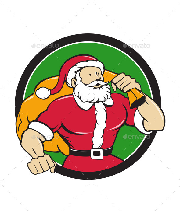 GraphicRiver Super Santa Claus Carrying Sack Circle Cartoon 11631049 GraphicRiver Super Santa Claus Carrying Sack Circle Cartoon 11631049