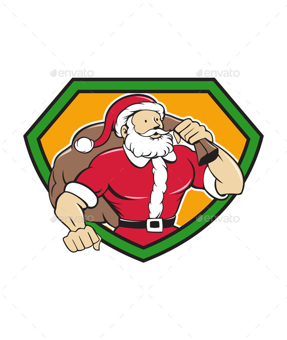 GraphicRiver Super Santa Claus Carrying Sack Shield Cartoon 11631059 GraphicRiver Super Santa Claus Carrying Sack Shield Cartoon 11631059