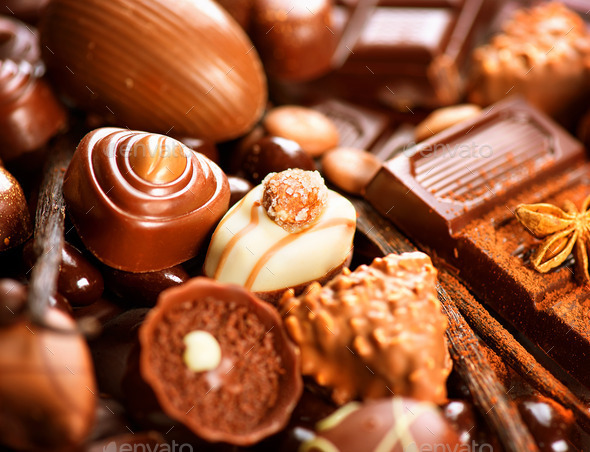 Chocolates assortment. Praline chocolate sweets