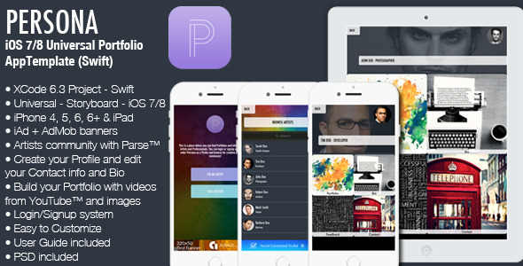 CodeCanyon Persona iOS7 8 Universal Portfolio App Swift 11679468 CodeCanyon Persona iOS7 8 Universal Portfolio App Swift 11679468