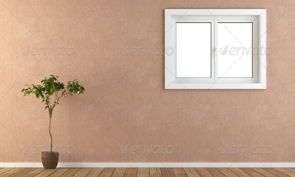 pink wall with window and plant