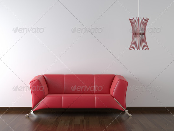 interior design red couch white wall