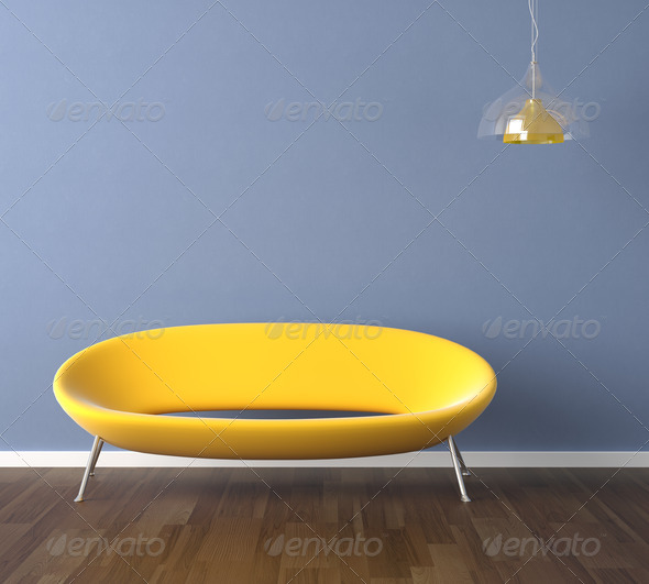 blue wall with yellow couch interior design