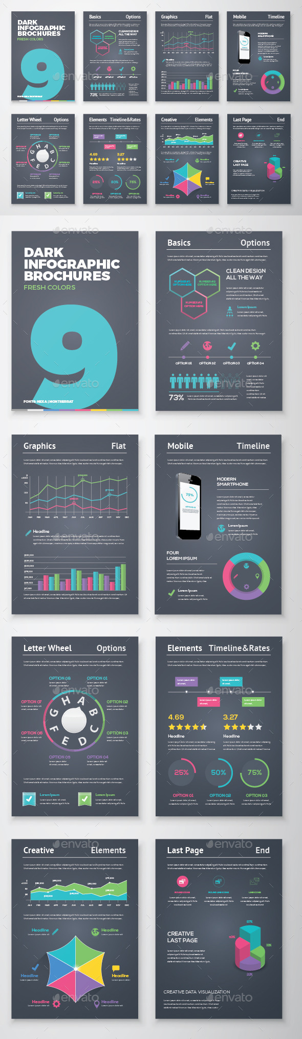 Dark Infographic Brochure Vector Elements Kit 9