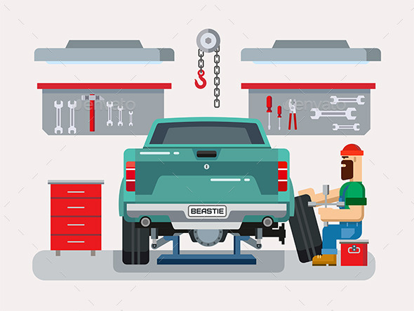 GraphicRiver Mechanic Repairs Car in the Garage 11768502 GraphicRiver Mechanic Repairs Car in the Garage 11768502