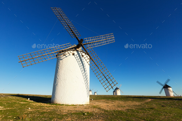 Wide angle shot of group of windmills in sunny day (Misc) Photo Download