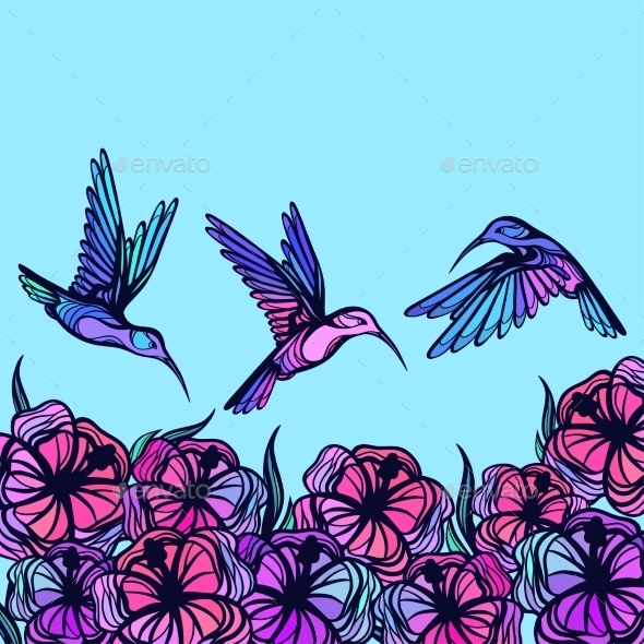 GraphicRiver Flying Tropical Stylized Hummingbirds With Flowers 11776922 GraphicRiver Flying Tropical Stylized Hummingbirds With Flowers 11776922