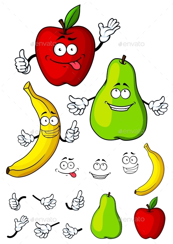 Happy Cartoon Pear, Apple And Banana Fruits