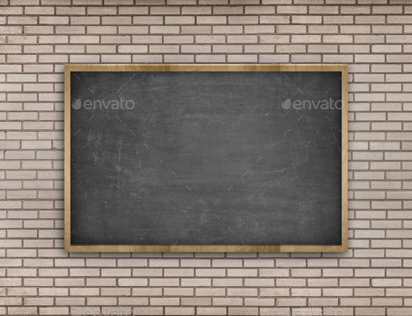 Black blank blackboard with wooden frame on brick wall background (Misc) Photo Download