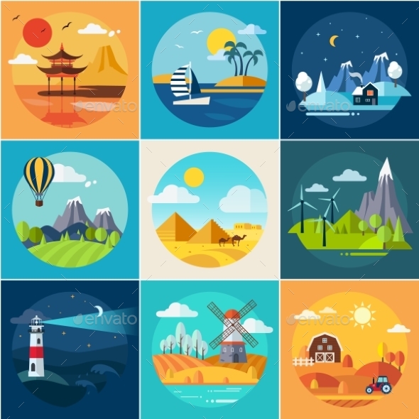 GraphicRiver Set Of Different Landscapes In The Flat Style 11814002 GraphicRiver Set Of Different Landscapes In The Flat Style 11814002