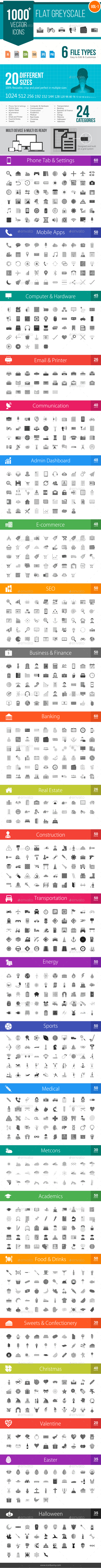 1000+ Flat Greyscale Vector Icons (Icons)