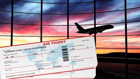 Air tickets with sunset and airplane silhouette as background (Misc) Photo Download