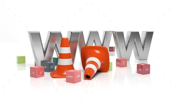 WWW letters, traffic cones and cubes with domain extensions isolated on white background (Misc) Photo Download