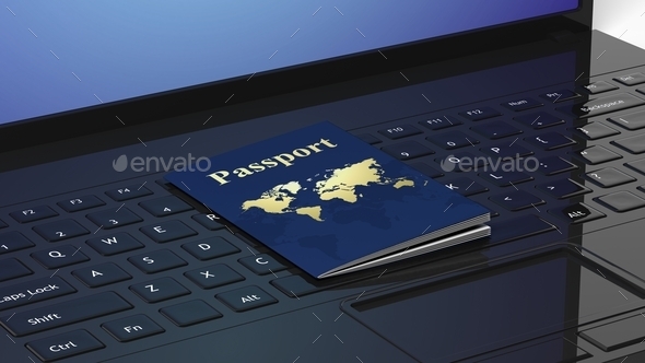 Passport on black laptop keyboard (Misc) Photo Download