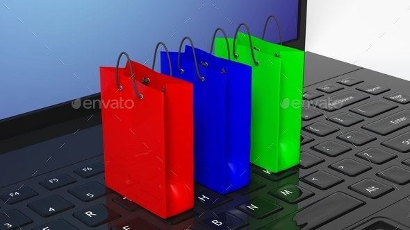 Colorful shopping bags on black laptop keyboard (Misc) Photo Download