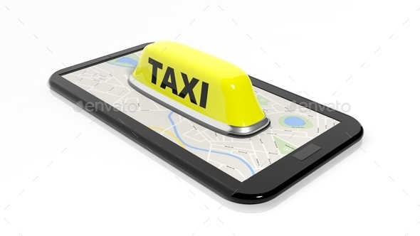 Yellow taxi car roof sign on phone isolated on white background (Misc) Photo Download