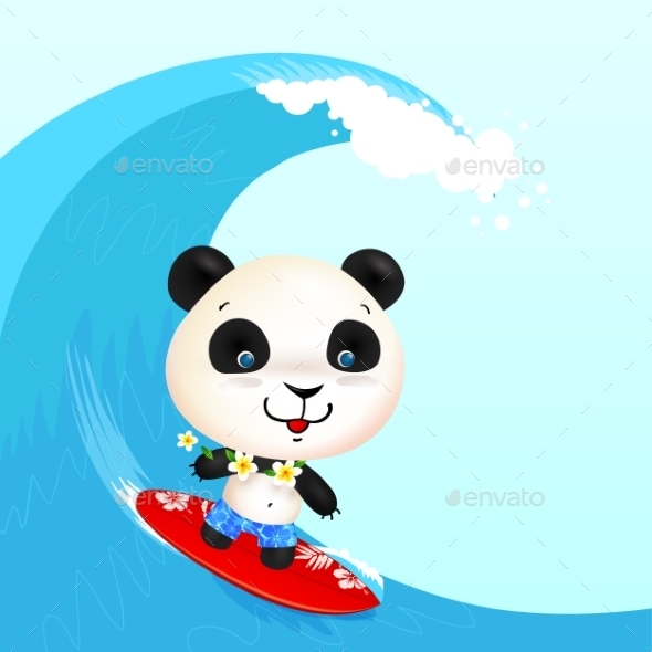 Little Cute Surfer Panda Surfing In Blowing Wave (Animals)