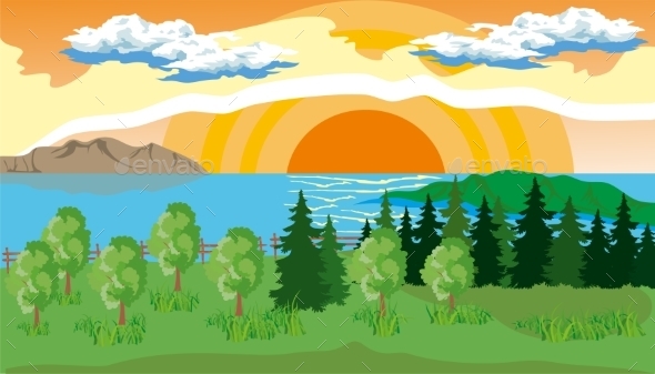 GraphicRiver Landscape With Trees Lake And Sun 11871139 GraphicRiver Landscape With Trees Lake And Sun 11871139