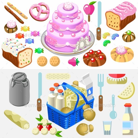GraphicRiver Food Set Candy and Dairy 3D Isometric 11875386 GraphicRiver Food Set Candy and Dairy 3D Isometric 11875386