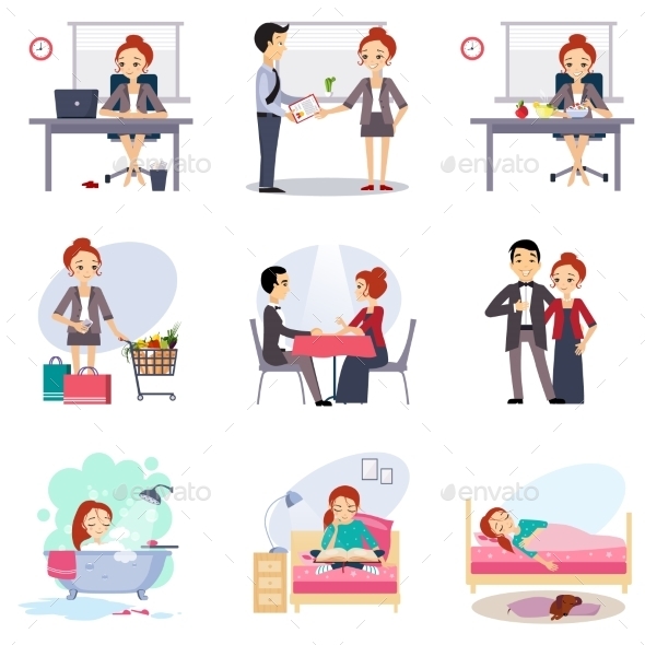 GraphicRiver Daily Routine Vector Set With Girl 11884425 GraphicRiver Daily Routine Vector Set With Girl 11884425