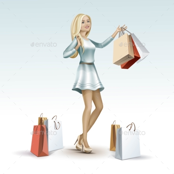 GraphicRiver Blonde Woman Girl In Dress With Shopping Bags 11885927 GraphicRiver Blonde Woman Girl In Dress With Shopping Bags 11885927