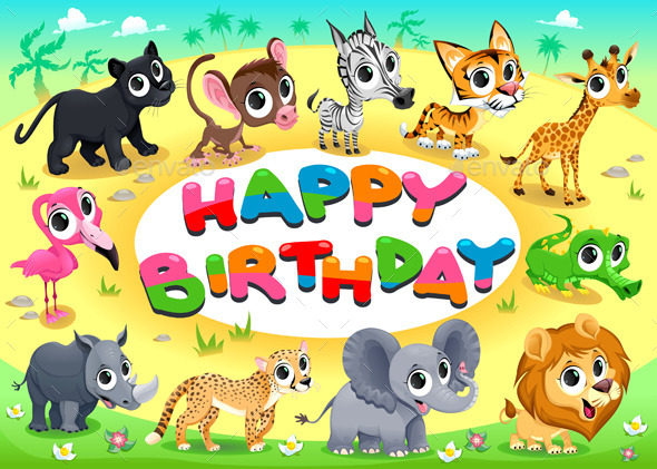 GraphicRiver Happy Birthday Card with Jungle Animals 11888311 GraphicRiver Happy Birthday Card with Jungle Animals 11888311
