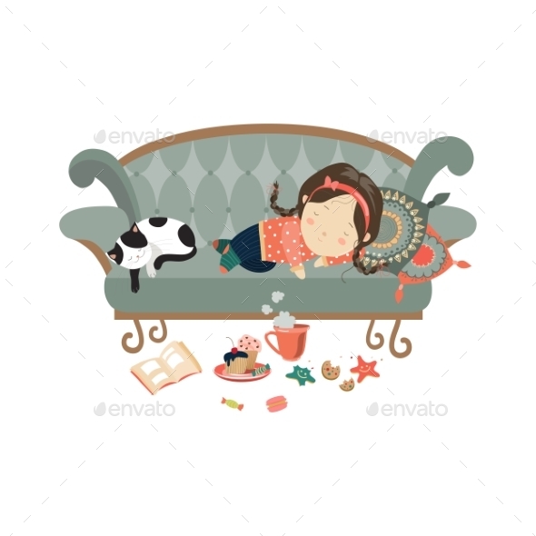 GraphicRiver Lazy Sleeping Girl with Cat 11895907 GraphicRiver Lazy Sleeping Girl with Cat 11895907