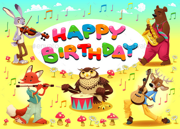 GraphicRiver Happy Birthday Card with Musician Animals 11905601 GraphicRiver Happy Birthday Card with Musician Animals 11905601
