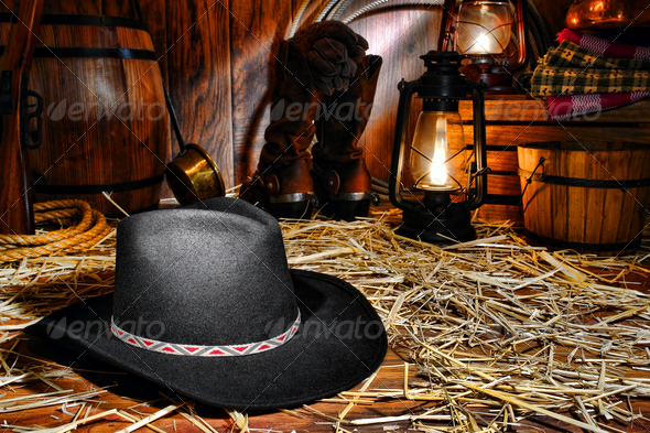 American West Rodeo Cowboy Hat in Old Western Barn
