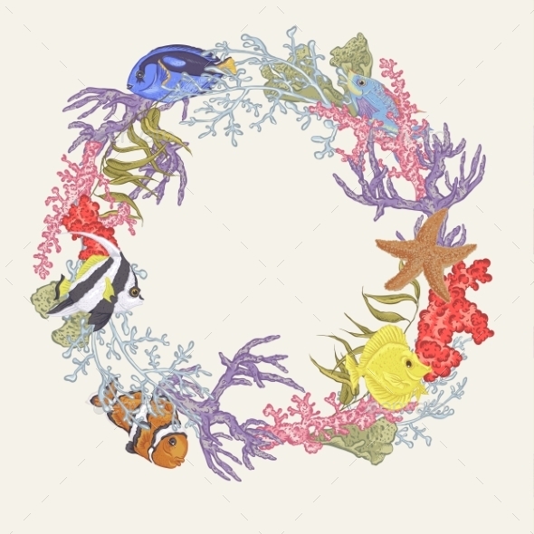 GraphicRiver Sea Life Vintage Round Frame With Fish And Seaweed 11974356 GraphicRiver Sea Life Vintage Round Frame With Fish And Seaweed 11974356