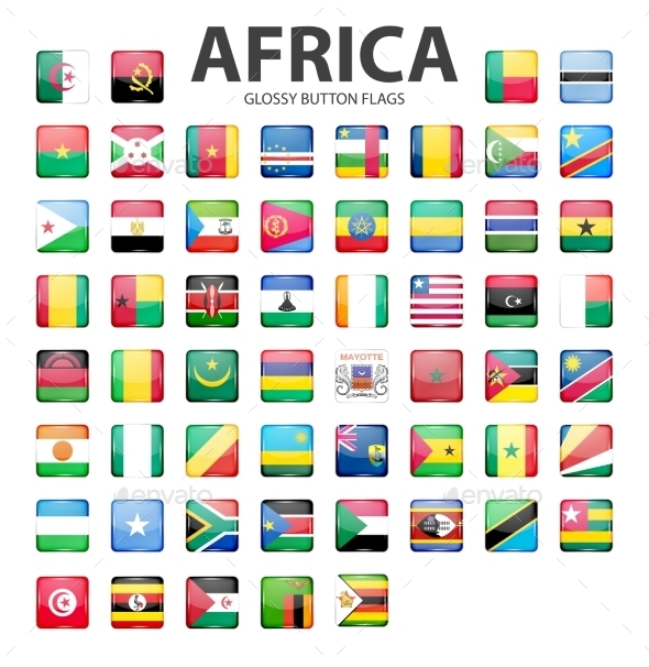 Glossy Button Flags - Africa. Original Colors.