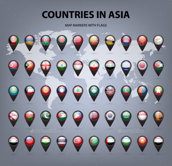 Map Markers With Flags - Asia. Original Colors.